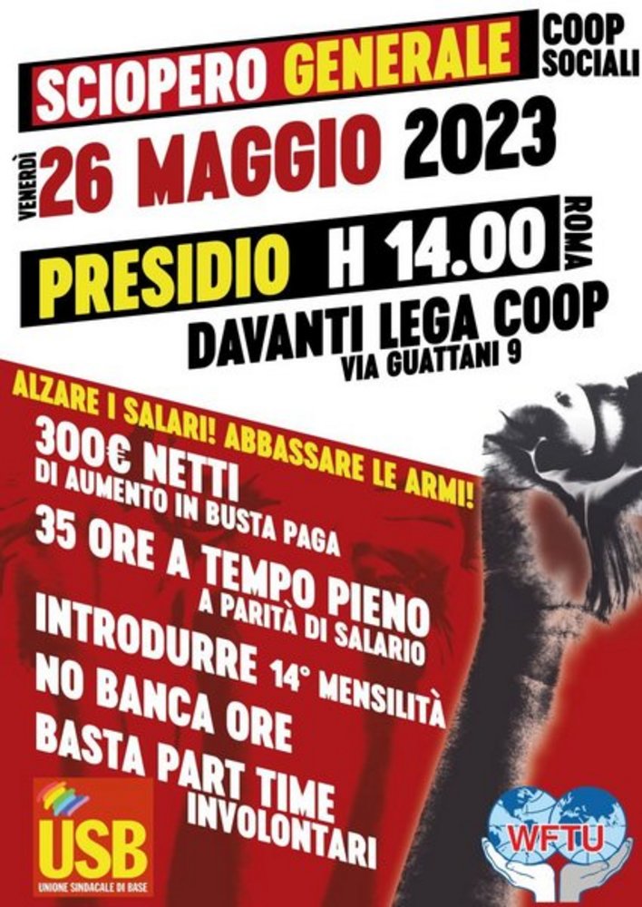 Unione Sindacale di Base Sciopero generale 26 maggio, i lavoratori delle coop sociali in