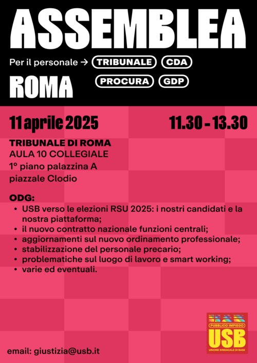 Unione Sindacale di Base: Roma: assemblea per il personale l'11 aprile 2025